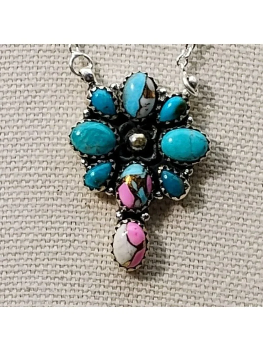 Southwest Sterling Silver Cotton Candy Turquoise Cluster Flower Pendant Necklace